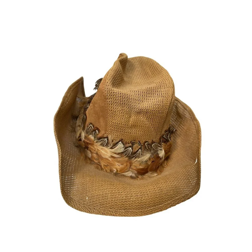 Wolverine Western Wear Womens Brown Feathered Straw Cowboy Hat M SKU 9388 - Picture 3 of 13